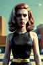 Placeholder: retro portrait image from 1960, supermarket parking explosion, long hair, young Scarlett Johansson, classic black tight lycra suit, gold bracelet and belt, high heel boots, soft color, highly detailed, unreal engine 5, ray tracing, RTX, lumen lighting, ultra detail, volumetric lighting, 3d, finely drawn, high definition, high resolution.