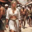 Placeholder: youthful servant woman in linen undies, with braided blond hair, ample bosoms, a 3-inch-wide steel collar locked tightly around her neck, and steel manacles on her wrists and ankles, head tilted down in shame, escorted roughly by a much larger man as they walk through a crowded North African bazaar.