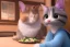 Placeholder: A cat wearing clothes is sitting at a table eating sushi. Manga style. Perfect iris. Paws. Mug with cat face