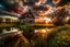 Placeholder: small pond beside the beautiful small house, stunning sunset,early evening, wild clouds,ultradetailed, insane resolution,,8k, hdr