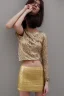 Placeholder: Portrait lady, full body shot, full-color long shot ornate gold filigree sheer crop top Tshirt and silver miniskirt positive space dominance