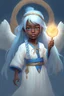Placeholder: Little 6-year-old sorceress girl, black skin, blue eyes, long, straight snow-white hair, dressed in an ancient and ancestral blue two-piece sorcerer's garment, overflowing with a mythical golden aura, in a primitive village in the mountains
