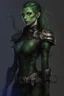 Placeholder: female snake humanoid, green scales, wearing a black leather armor, dungeons and dragons