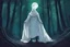Placeholder: pessoa usando uma máscara azul pintada com branco e um manto branco no meio da floresta olhando pra frente, árvores verdes e muita mata, a noite, desenho do espírito da lua, imagem cinematográfico, com cores vibrantes, espírito olhando pra a quarta parede