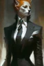 Placeholder: a fox in black suit,white collar neck band and court gown in the style of Aleksi Briclot, Charlie Bowater, Dean Cornwell, and Pino Daeni