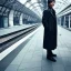 Placeholder: A middle aged Asian man with long hair and a black trench coat waiting for a woman at a train station in London