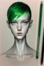 Placeholder: full length colour drawing, portrait, 22-year old friendly slender female human cleric, shaved head, light eyebrows, grey eyes, wearing white (10%) and dark green (80%)