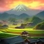 Placeholder: incredible, stunning japanese rice fields with wood shanties, mountains in the distance, colorful morning sky and mist, 8k, high-quality, ultrafine-detail, intricate, detailed matte, digital painting, artwork, brian froud, howard lyon, Scott Gable, Wajima Ishikawa, Mu Cang Chai, Greg Rutowski