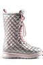 Placeholder: Rose puffer boots with a grey embossed large grid pattern and a rose sole