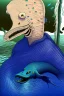 Placeholder: a sea monster with a human head, the body of a moray eel, fins of a fish, swims in the ocean