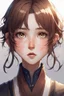 Placeholder: The girl is tall, plump, with sparse short wavy brown hair, narrow tortured eyes with a sad look. A wide round face adorns a narrow nose, and small lips, genshin impact style