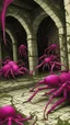 Placeholder: Purplish fuchsia catacombs with spiders designed in Bayeux tapestry painted by Giovanni Battista Sassi