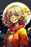 Placeholder: Style: anime manga, A Girl with dark skin tone, Red eye with a yellow base, Full curly white hair, moon-shaped cheek marks, and a childish smile, Her face is half in profile, the background is lunatic, her face seems to be mocking someone, Her outfit is: A lunar witch.