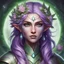 Placeholder: Generate a dungeons and dragons character portrait of the face of a female spring Eladrin. She is a circle of the Stars Druid, Twilight Cleric. Her hair is purple-pink and voluminous. Her skin is a soft green. Her eyes are like new flowers. She wears a dainty circlet made of silver coated branches with flowers.