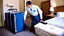 Placeholder: paranoid hotel housekeeping taking a suitcase out of someone's room