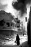 Placeholder: Palestinian woman , Carrying a small girl ,at winter , Destroyed Buildings , with a Explosions, at night