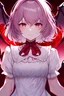 Placeholder: a pink short curly haired vampire that has scarlet eyes using a white dress holding a blood spear with vampire wings closeup