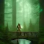 Placeholder: portrait of slender green elf on wooden bridge in magical forest, torches, spray painting, foliage frame, fantasy art , movie poster