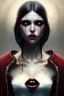 Placeholder: Dracula Vampire girl, cute, beautiful, white eyes, red lips, black hair, vampire tooth with bangs, goth, close up portrait by Greg Rutkowski