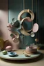 Placeholder: create a floating still life with otherworldy shapes and textures, cropping in closely to create an abstract composition. plain Pastel background and abstract shapes that are made of various materials, including fabrics, metals and glass