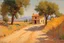 Placeholder: sunny day, mountains, trees, dirt road, countryside, adobe house, wilfrid de glehn and rodolphe wytsman impressionism paintings