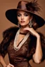 Placeholder: full body beautiful girl, elegant brown lace clothes of the 80s, luxury style, small elegant hat with feather, hair of the 80s, pearl necklace, earrings masterful, beautiful face