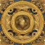 Placeholder: A 4K realist painting of A long ornate gold mirror. The mirror is fractured and broken into 100 symmetrical pieces