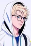 Placeholder: 18-year-old boy with blond hair and with blue- eyes in a white zip-up hoodie with glasses