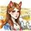 Placeholder: watercolor, an arrogant, confident young woman with long brown hair, red eyes, pale skin, corgi ears and tail, sheep in a field for the background, intricately detailed, cell shaded