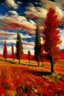Placeholder: A red grassland plain with cypress trees painted by Claude Monet