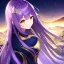 Placeholder: girl, masterpiece, best quality, volumetric lighting, detailed outfit, perfect eyes, long hair, purple hair, golden eyes, landscape, reflective water, shooting stars, night, fireflies, smile,