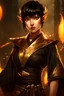 Placeholder: pixie hair with bangs, tough woman, black hair, elven woman, sharp golden eyes, pointy ears, japanese clothes