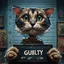 Placeholder: A comical cartoon-like siamese scruffy cat, with blue eyes,, battered, dirty, with a mug shot and 'guilty' written on the board, in a whimsical and surreal art style with dark fantasy themes, dramatic lighting effects, minimalist and abstract touches, hyper-realistic details, textured backgrounds, vintage aesthetics, playful and exaggerated characters, gothic aesthetics, intricate designs, detailed patterns, and artistic composition."