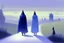 Placeholder: two people in capes and hoods seen from behind walking side by side in an empty foggy plain, above there is blue sky by artist "Leonora Carrington"