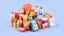 Placeholder: A 3D design of supermarket products such as soft drinks, mineral water, chocolate, packaged cakes, chips and puffs, and detergents with an orange, red, and white color theme.