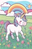 Placeholder: kids illustration, a cute unicorn playing in field, cartoon style, thick line, low details, vivid color