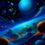 Placeholder: Overhead view of a blue galaxy floating through space, 3D planets close to each other, bold vibrant colors, galaxies in the distance, in the style of Dowdle Art