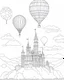 Placeholder: Coloring pages: A floating sky castle, with hot air balloons and fluffy clouds, overlooking a breathtaking landscape below.
