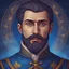 Placeholder: A blue transparent skin ghost spectre of European man short hair short beard wearing medieval noble aristocrat cloth at the midnight sky