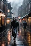 Placeholder: Werewolf walking the streets of Soho in the rain. There is a Chinese restaurant in the background. Photograph.