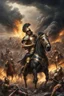 Placeholder: Capture an epic scene of the Trojan War with dark clouds of smoke billowing from the burning city of Troy in the background. In the foreground, the Greek hero Achilles stands resolute in gleaming armor, his face set in fierce determination. The chaotic battlefield is alive with warriors in crested helmets and shining armor clashing fiercely. The ground is littered with the wreckage of war: broken shields, arrows, and debris, while Greek ships with raised sails are anchored off the shore.