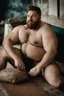 Placeholder: full figure photography, fat strong chubby, 35mm lens, burly italian man short hair, 27 years old lying , red beard, with hands behind the head, hairy armpits, manly armpits, ugly and dirty, manly chest, hairy chest, big shoulders, muscular chubby, manly chest, shirtless, with bulging unbuttoned boxer, sad eyes, photorealistic , dim side light, ambient occlusion, in the dark , aerial view