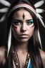 Placeholder: Beautiful girl with rainbow eyes, warrior, Native American, strong, sad, resilient, full body tough stance, photo-real