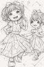 Placeholder: Little girls dancing in diamond-patterned dresses at a festive celebration. Use diamonds for their dresses, party decorations, and the dance floor.,very happy , Colloring page for todlliers ; basic hawali style cartoon , black and white , ink outlines , , smooth , anime style , minimalist , cute eyes , full body , white shose , sketchbook , realistic sketch , free lines , on paper , character sheet , clean line art high detailed