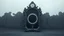 Placeholder: A monumental baroque mirror standing in empty gray desert landscape before a crumbling old gothic stone wall, Cold gray reality outside the mirror, subtle fog. antique clock above the frame showing exactly 12:00. Inside the mirror lies the Realm of Midnight: a colossal black eclipse above an endless cosmic abyss, melting stars, brocken hourglass inside the mystic mirror, and big abyss of universum, the mirror one gate into the physical dimension. Dark surreal vibe,