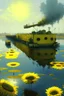 Placeholder: yellow water of lake with bridge of sunflowers and tanks and in fuggy sky with dim sunlight