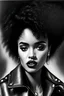 Placeholder: Black and white charcoal drawing of a beautiful black woman with a striking, edgy look. She has a short, modern curly hairstyle with textured layers. Her makeup is bold and dramatic, with thick eyelashes that enhance her expressive eyes and is wearing a leather jacket.