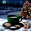 Placeholder: realistic closeup photo of a green porcelain cup standing on the snow next to Christmas cookies in front of a winter landscape against the backdrop of a Christmas tree under the light of the moon