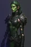 Placeholder: female snake humanoid, green scales, wearing a black leather armor, dungeons and dragons