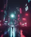 Placeholder: circular white moon, 3D, beautiful, light reflecting, empty city, midnight, rainy night, neon, cyberpunk, person walking